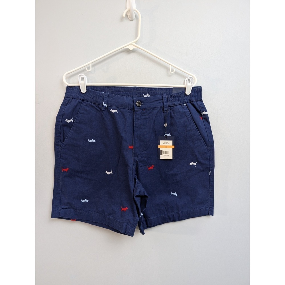 X2 NWT Crown & Ivy Men's Blue Dog Print Flat Front Motion Flex Stretch Shorts 33